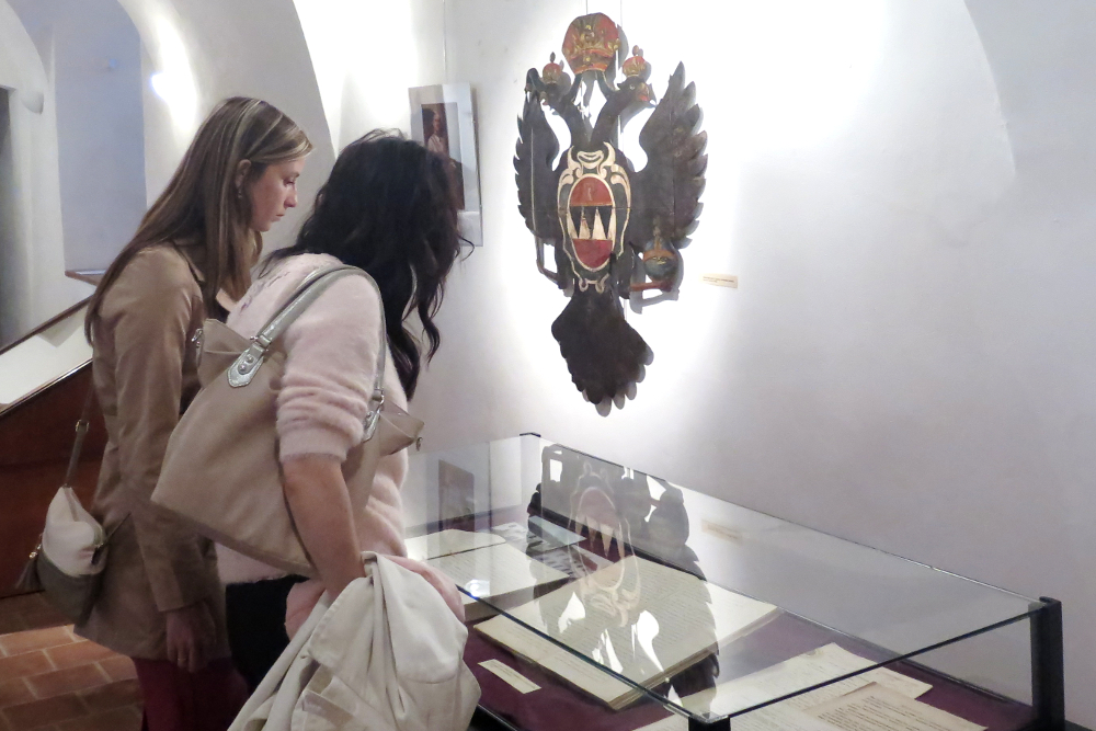 Na výstavě jsou samozřejmě k vidění i artefakty připomínající Rakousko_Uhersko včetně znaku tohoto soustátí či podobenky císaře Karla I.