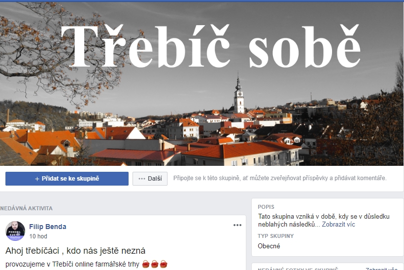 Titulní strana nové skupiny pomáhající podnikatelům v Třebíči.